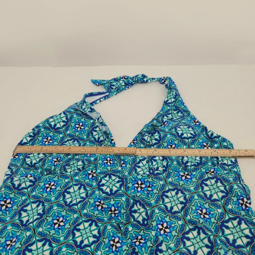 Assets by Sara Blakely Swim Tankini Top Women Large Blue Geometric Halter Ruffle